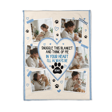 Flat lay of the six photo pet blanket showing all six taped photo frames and the heart panel