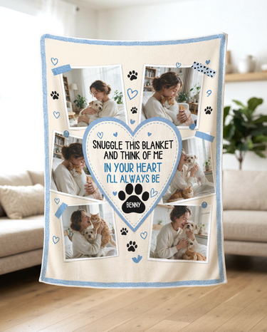 Personalised six photo pet blanket in cream and sky blue hanging in a bright living room
