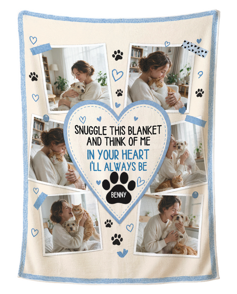 Personalised six photo pet blanket, cream with a sky blue border and paw prints, shown flat on a plain white background