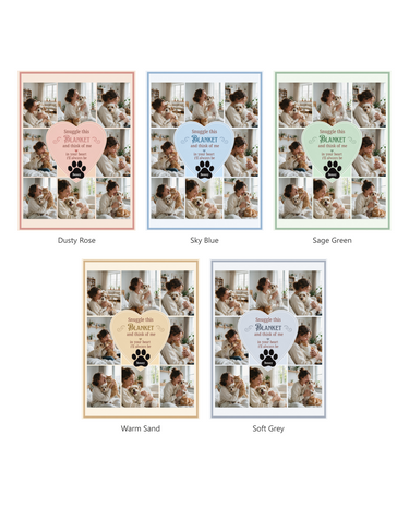 Five background colours for the eight photo pet blanket: Dusty Rose, Sky Blue, Sage Green, Warm Sand and Soft Grey