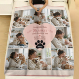 Eight photo pet collage blanket laid across a made bed with white linen