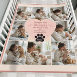 Personalised eight photo pet blanket folded over the side of a wooden crib