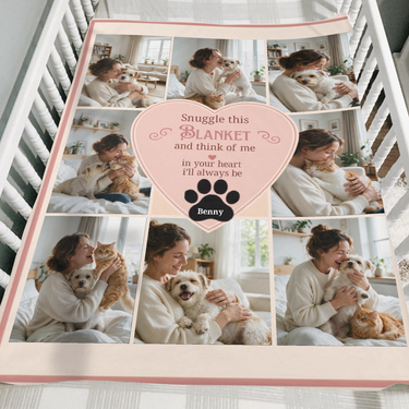 Personalised eight photo pet blanket folded over the side of a wooden crib