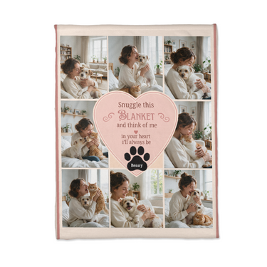 Flat lay of the eight photo pet blanket showing the full photo grid and centre heart
