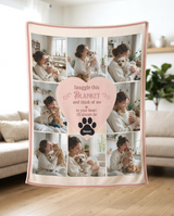 Personalised eight photo pet blanket in cream and dusty rose hanging in a bright living room