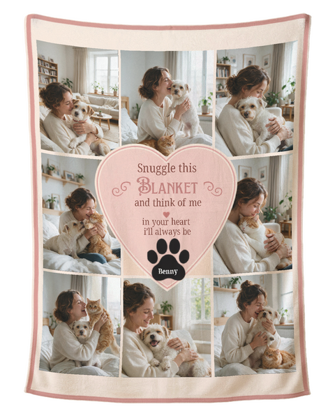 Personalised eight photo pet blanket, cream with a dusty rose border and a heart panel, shown flat on a plain white background