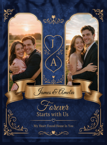 Full print artwork of the navy damask couples blanket, edge to edge, with names and wording
