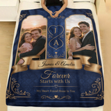 Navy damask couples photo blanket with gold filigree laid across a made bed