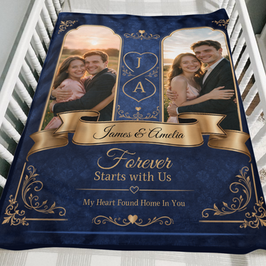 Navy and gold personalised couples photo blanket folded over the side of a wooden crib