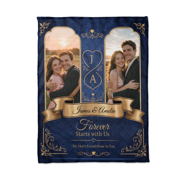 Flat lay of the navy and gold couples photo blanket showing both arched portraits and the name ribbon