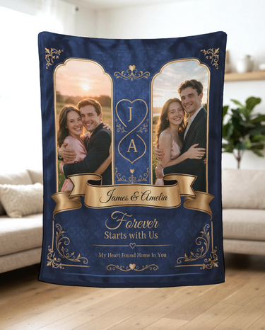 Navy and gold personalised couples photo blanket hanging in a bright living room