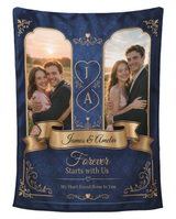 Personalised couples photo blanket in navy and gold, two wedding portraits with entwined initials, shown flat on a plain white background