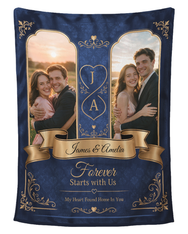 Personalised couples photo blanket in navy and gold, two wedding portraits with entwined initials, shown flat on a plain white background