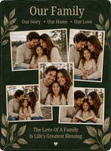Full print artwork of the five photo family blanket, edge to edge, with the custom family wording