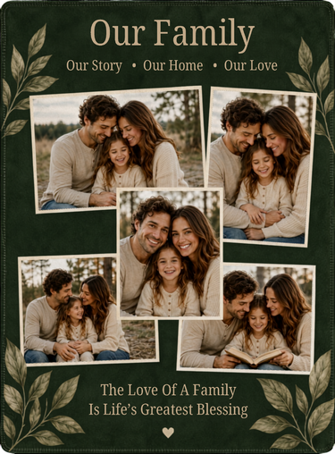 Full print artwork of the five photo family blanket, edge to edge, with the custom family wording