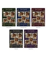 Five colourways of the five photo family blanket: Forest Green, Midnight Navy, Deep Wine, Charcoal and Royal Plum