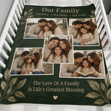 Five photo family keepsake blanket in forest green folded over the side of a wooden crib