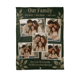 Flat lay of the five photo family blanket showing the tilted polaroid frames and gold lettering