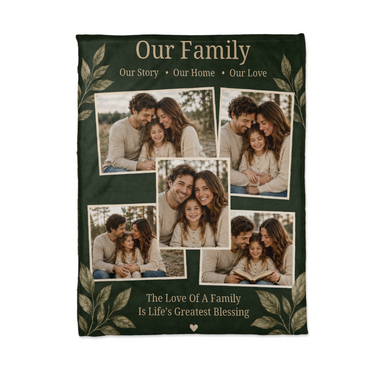 Flat lay of the five photo family blanket showing the tilted polaroid frames and gold lettering