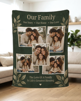 Five photo family collage blanket in forest green and gold hanging in a bright living room