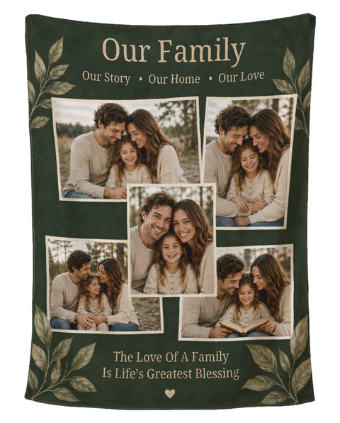Personalised five photo family blanket in deep forest green with gold botanical leaves, shown flat on a plain white background