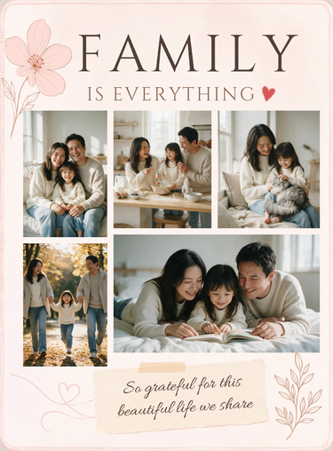 Full print artwork of the five photo family blanket, edge to edge, with the pressed flower border, botanical sprigs and custom family wording