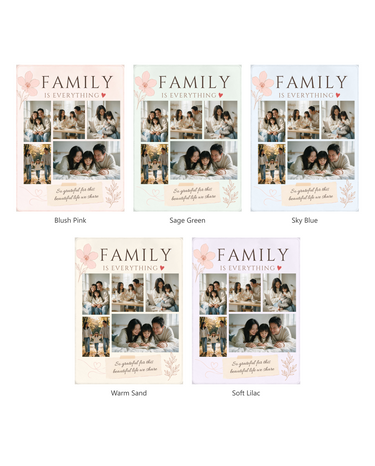 Five colourways of the five photo family blanket: Blush Pink, Sage Green, Sky Blue, Warm Sand and Soft Lilac