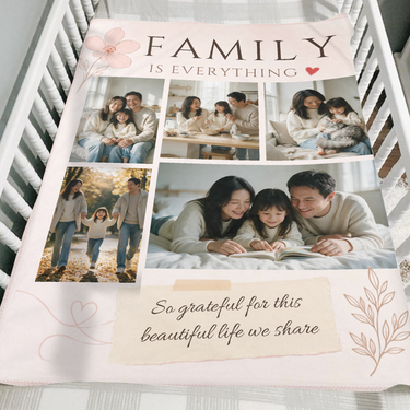 Five photo family keepsake blanket in blush pink folded over the side of a wooden crib