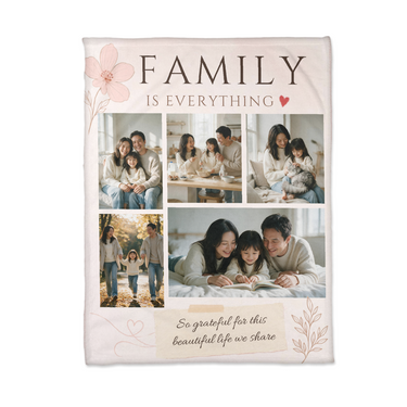 Flat lay of the blush pink family photo blanket showing all five pictures and the handwritten keepsake message on the torn paper note