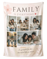 Personalized family photo blanket in blush pink, printed with five family pictures and the words Family Is Everything, shown flat on a pure white background