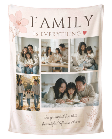 Personalized family photo blanket in blush pink, printed with five family pictures and the words Family Is Everything, shown flat on a pure white background