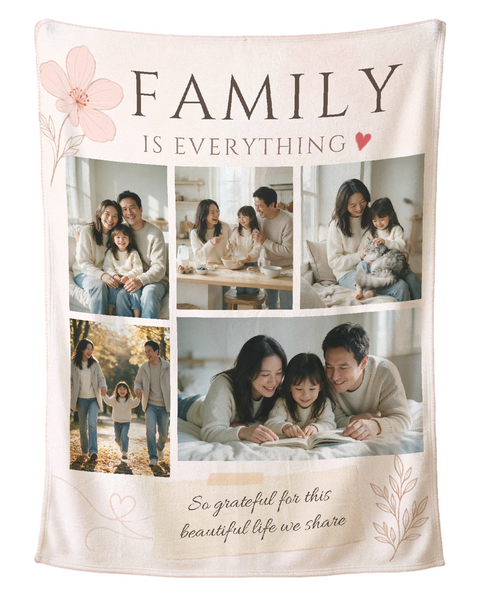 Personalized family photo blanket in blush pink, printed with five family pictures and the words Family Is Everything, shown flat on a pure white background