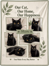 Full print artwork of the six photo cat blanket, edge to edge, with the leaf sprigs, scattered hearts and custom pet name