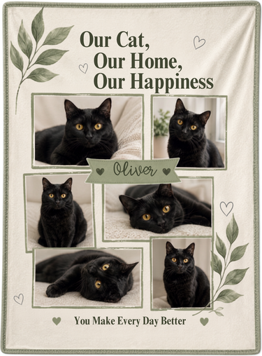 Full print artwork of the six photo cat blanket, edge to edge, with the leaf sprigs, scattered hearts and custom pet name