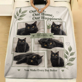 Personalized cat photo blanket with hand painted sage frames spread across a made bed with white linen