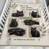 Six photo cat keepsake blanket in cream and sage folded over the side of a wooden crib