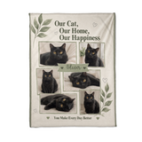 Flat lay of the six photo cat blanket showing the painted frames, botanical sprigs and the pet name on its ribbon