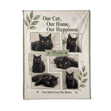 Flat lay of the six photo cat blanket showing the painted frames, botanical sprigs and the pet name on its ribbon