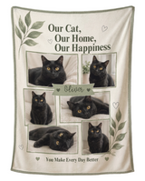 Personalized six photo cat blanket in cream and sage green, printed with the words Our Cat Our Home Our Happiness and the cat's name, shown flat on a pure white background