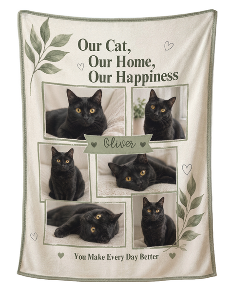 Personalized six photo cat blanket in cream and sage green, printed with the words Our Cat Our Home Our Happiness and the cat's name, shown flat on a pure white background