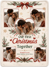 Full print artwork of the first Christmas photo blanket, edge to edge, with the pine wreath, red ribbon bow and heart shaped photo frame