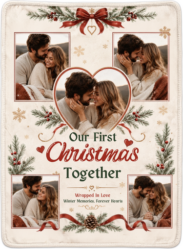 Full print artwork of the first Christmas photo blanket, edge to edge, with the pine wreath, red ribbon bow and heart shaped photo frame