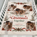 Five photo first Christmas keepsake blanket in winter cream folded over the side of a wooden crib