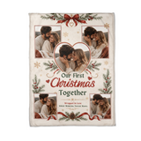 Flat lay of the first Christmas photo blanket showing the heart shaped centre photo, holly sprigs and the custom Christmas wording