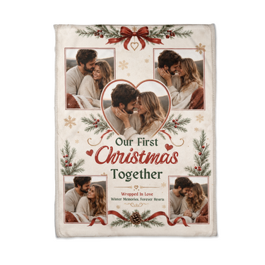Flat lay of the first Christmas photo blanket showing the heart shaped centre photo, holly sprigs and the custom Christmas wording