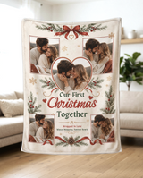 Winter cream Our First Christmas Together photo blanket held up in a bright living room to show how the soft fleece drapes