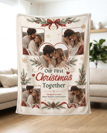 Winter cream Our First Christmas Together photo blanket held up in a bright living room to show how the soft fleece drapes