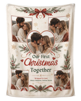 Personalized first Christmas photo blanket in winter cream, printed with five couple photos including a heart shaped one and the words Our First Christmas Together, shown flat on a pure white background