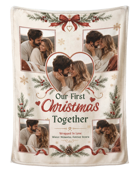 Personalized first Christmas photo blanket in winter cream, printed with five couple photos including a heart shaped one and the words Our First Christmas Together, shown flat on a pure white background