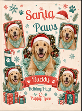 Full print artwork of the Santa Paws pet blanket, edge to edge, with snowflakes, paw prints, gifts and the custom pet name